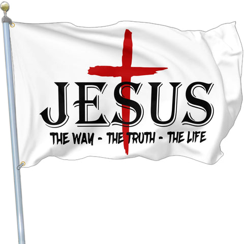 Aroxtms Jesus flag front view shows bold text and vibrant colors for outdoor display