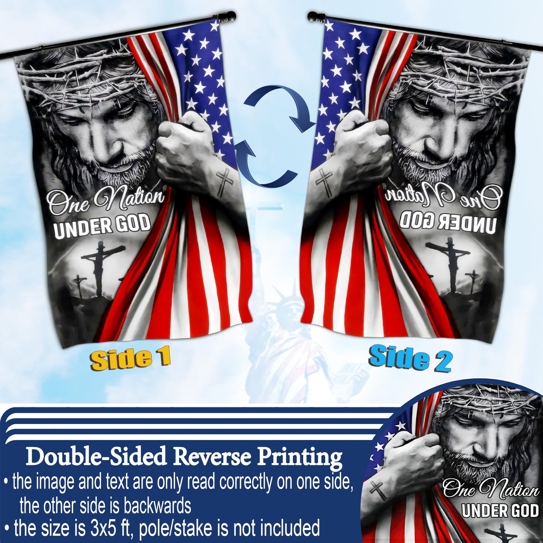 Aroxtms patriotic Christian flag yard display, front-facing readable print.