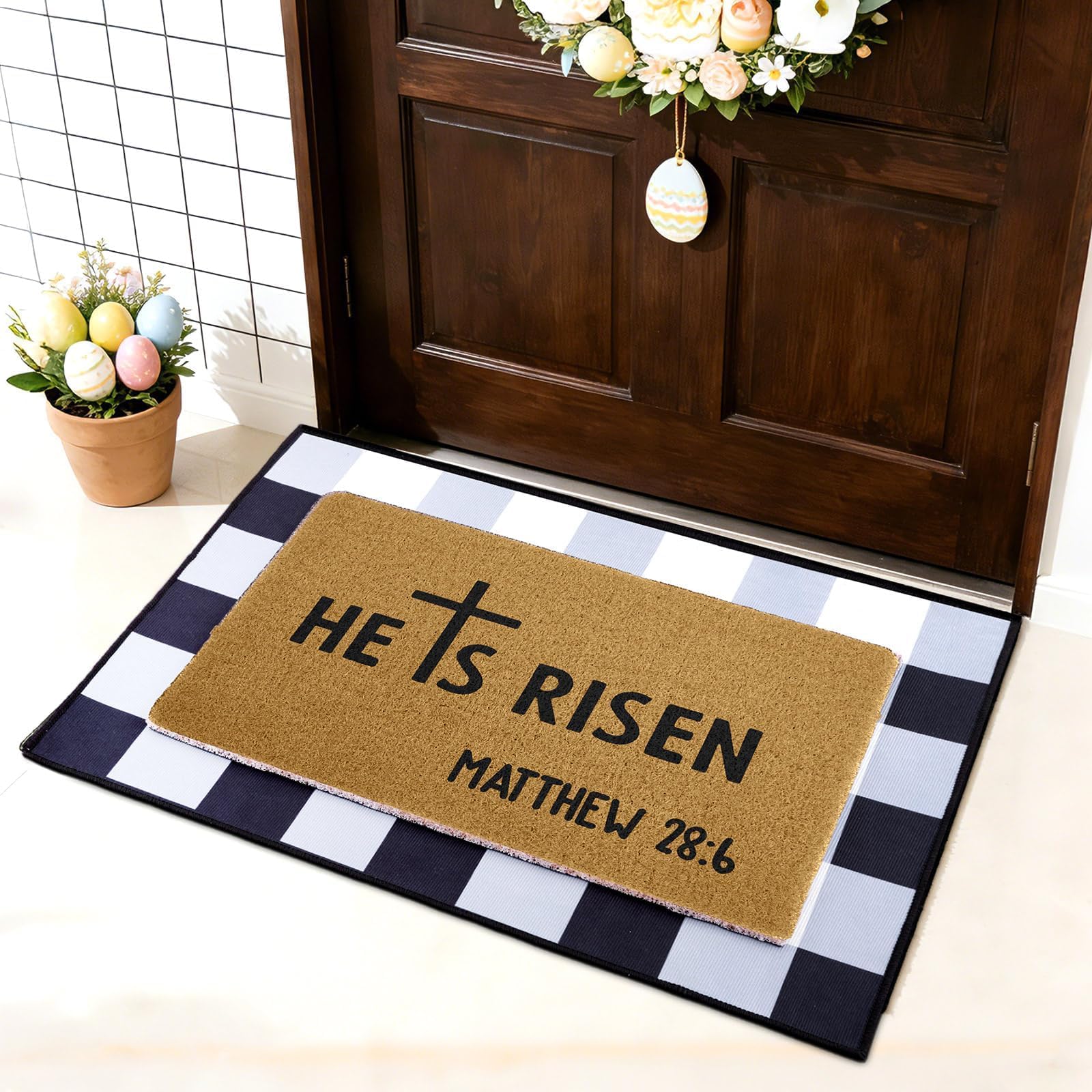 ARQRHTLY He Is Risen doormat with durable coir for a welcoming foyer