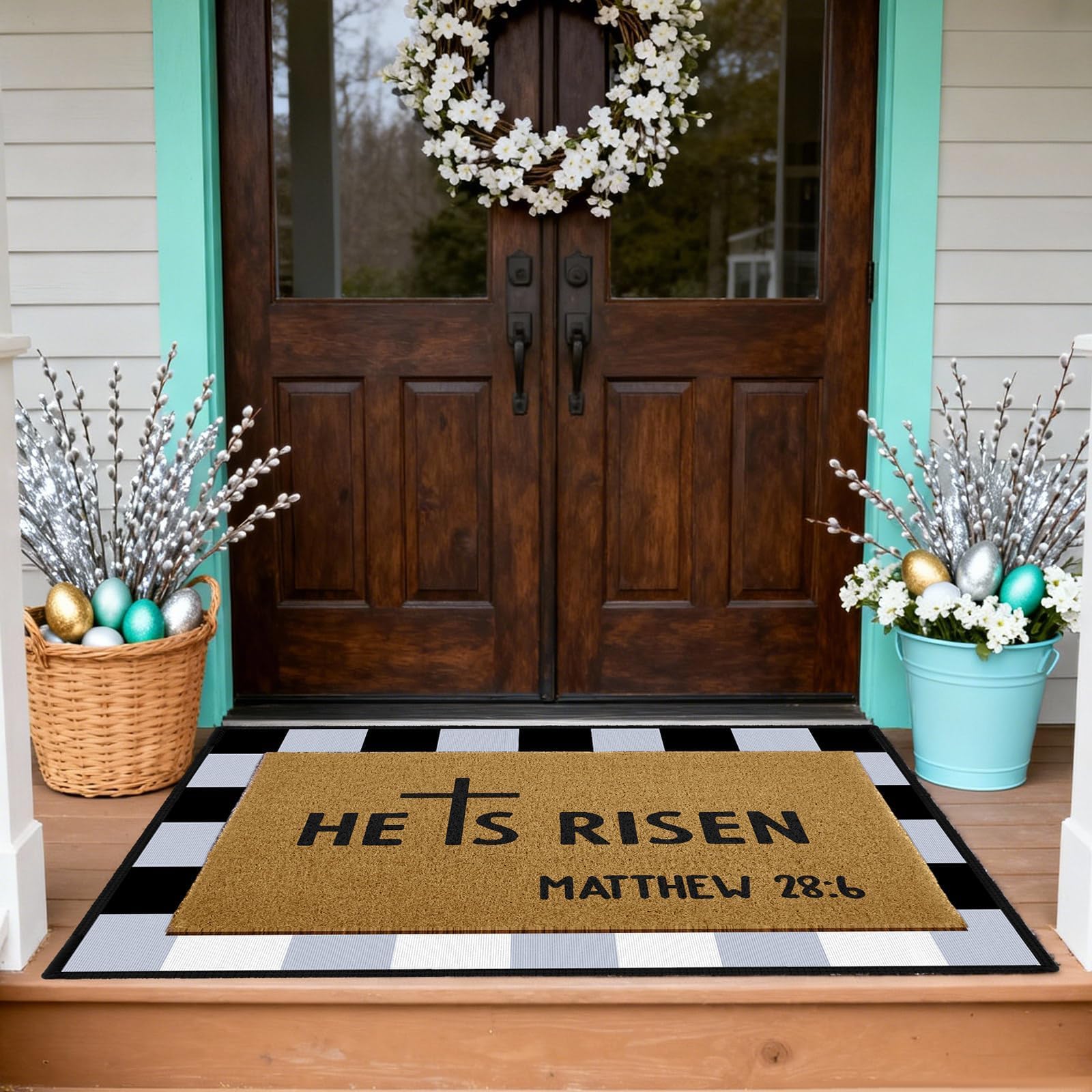 ARQRHTLY layered black and white check under rug adds stylish porch depth