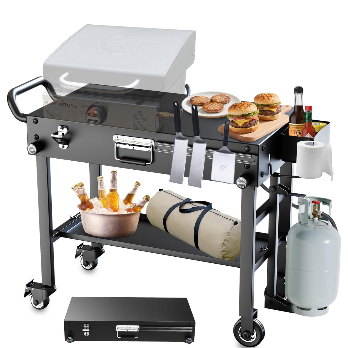 Arribueno portable stand folding suitcase style for easy transport during backyard cooking