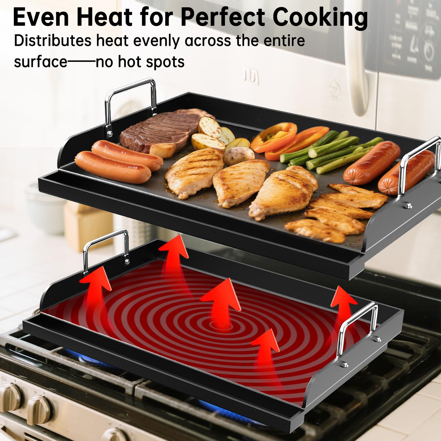 Arribueno raised-edges prevent food spillover and simplify flipping and serving.