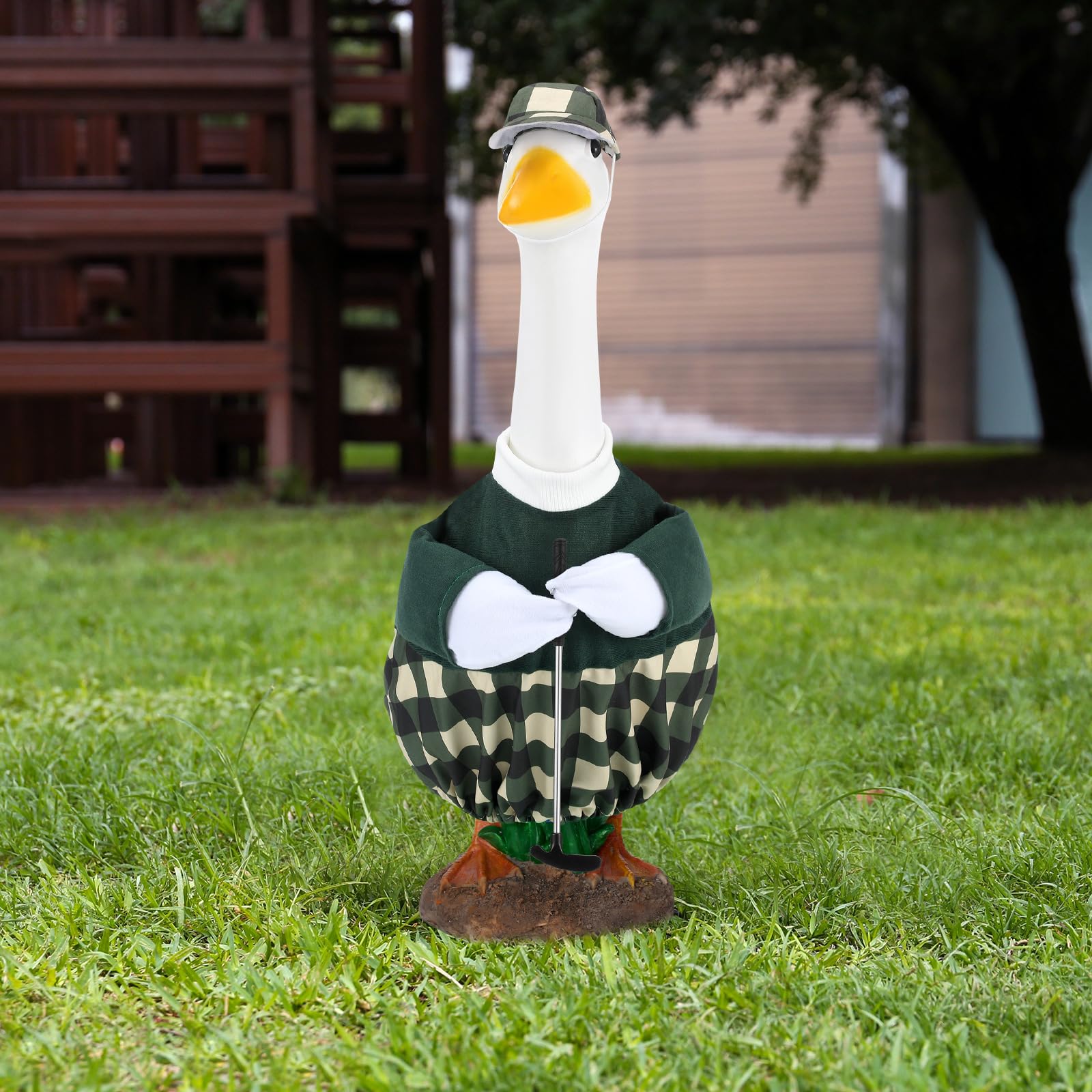 Arrowbash goose pins secure the outfit for stable lawn display.