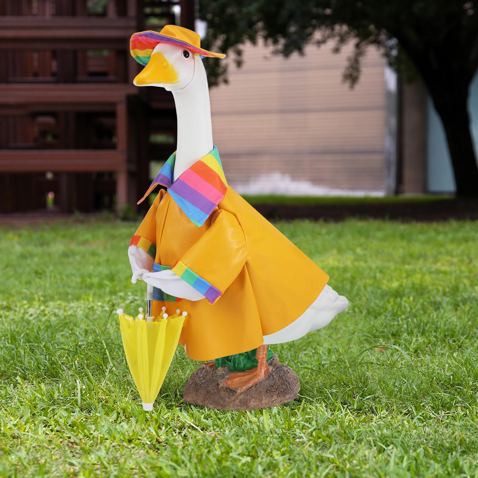 Arrowbash goose hat with raincoat adds playful porch color.