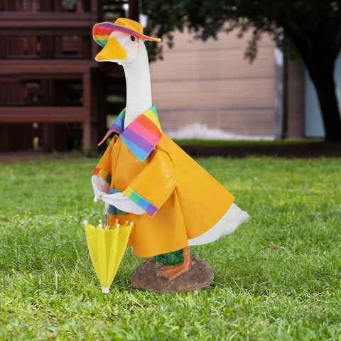 Arrowbash goose hat with raincoat adds playful porch color.