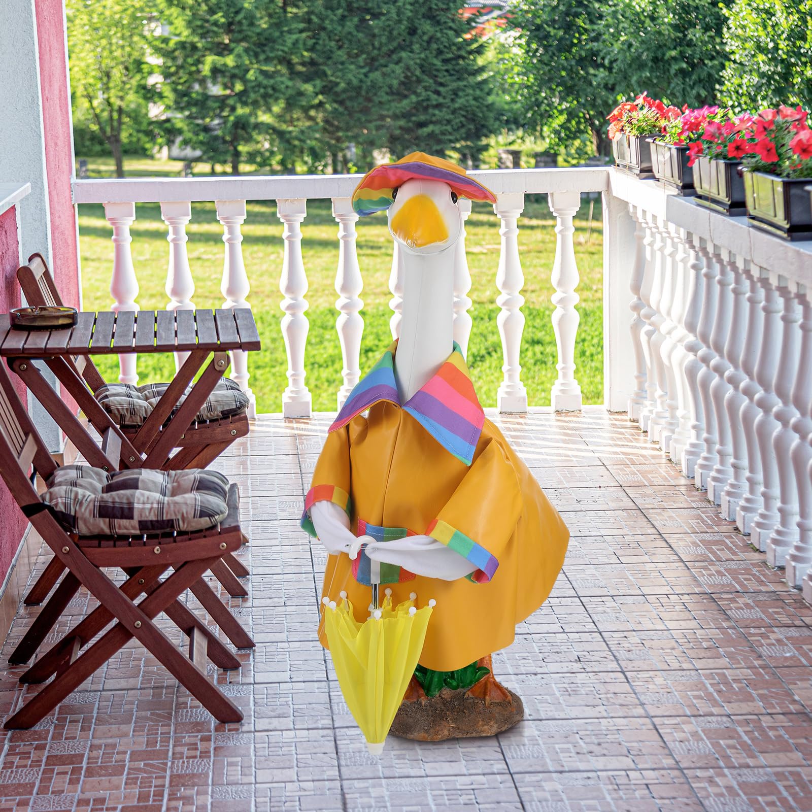 Arrowbash goose outfit pins secure umbrella to wings for stability.