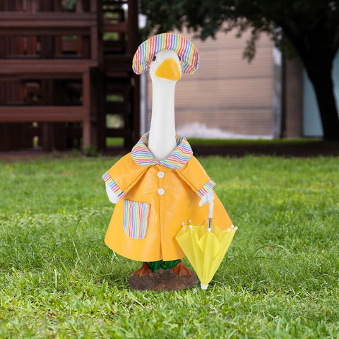 Arrowbash porch goose hat paired with raincoat for cheerful garden décor.
