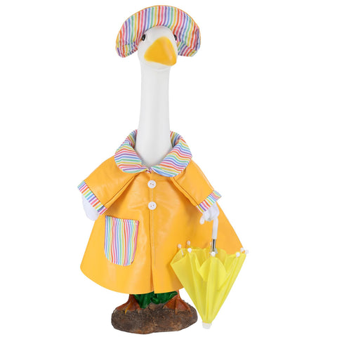 Arrowbash raincoat goose outfit on a 23-inch goose statue for outdoor fun.