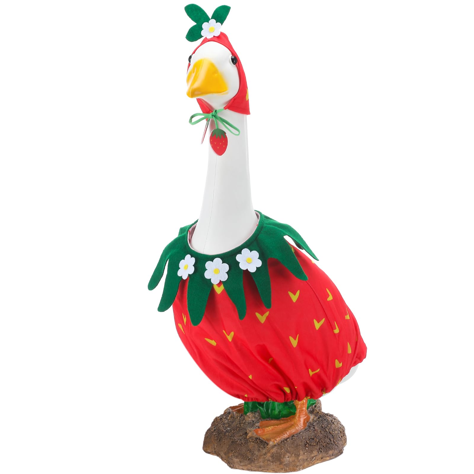 Arrowbash strawberry goose outfit on a 23 inch statue for a garden centerpiece.