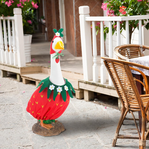 Arrowbash strawberry goose outfit ready for outdoor garden display.