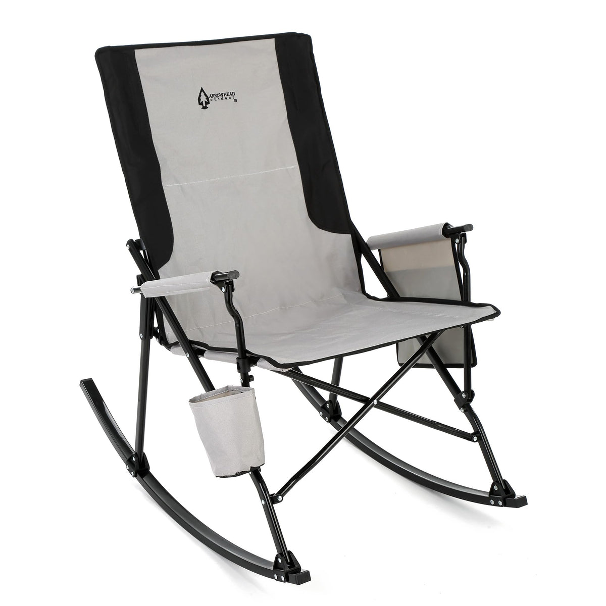 ARROWHEAD OUTDOOR foldable rocking camp chair with cup holder for easy beverages.