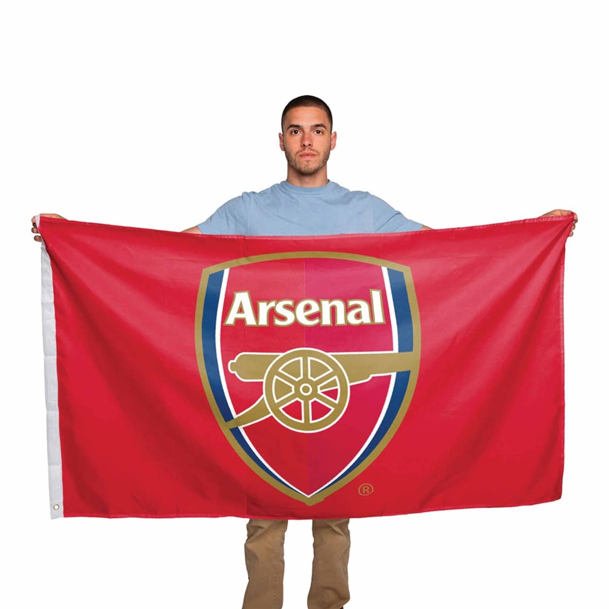 Arsenal F.C. flag with metal eyelets for easy mounting.