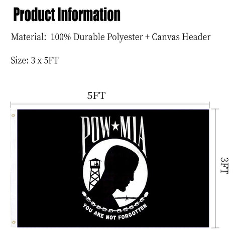 ARSOF Pow Mia flag includes a heavy-duty canvas header for sturdy mounting