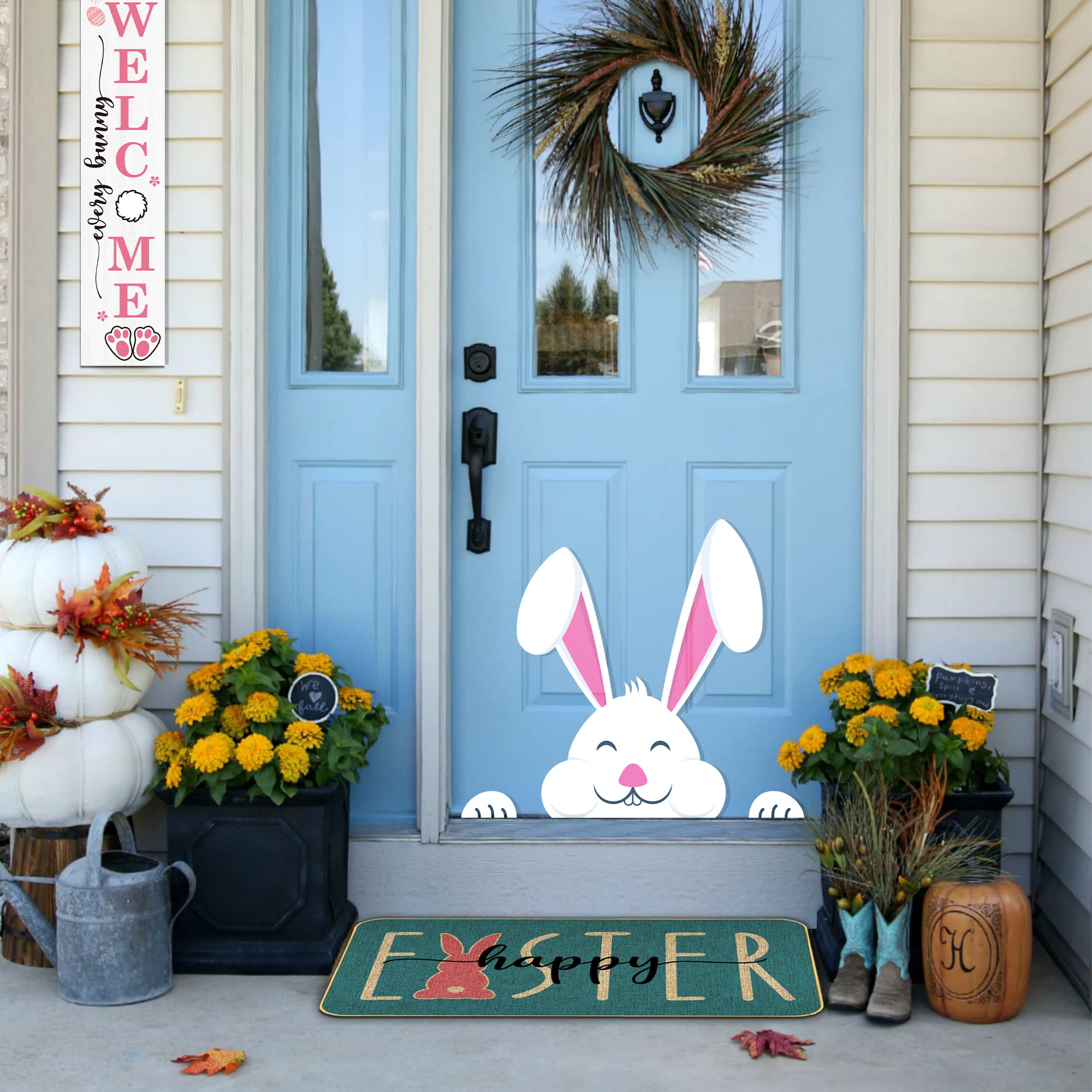 ARTDMT Easter decoration pattern on a front door area during spring.