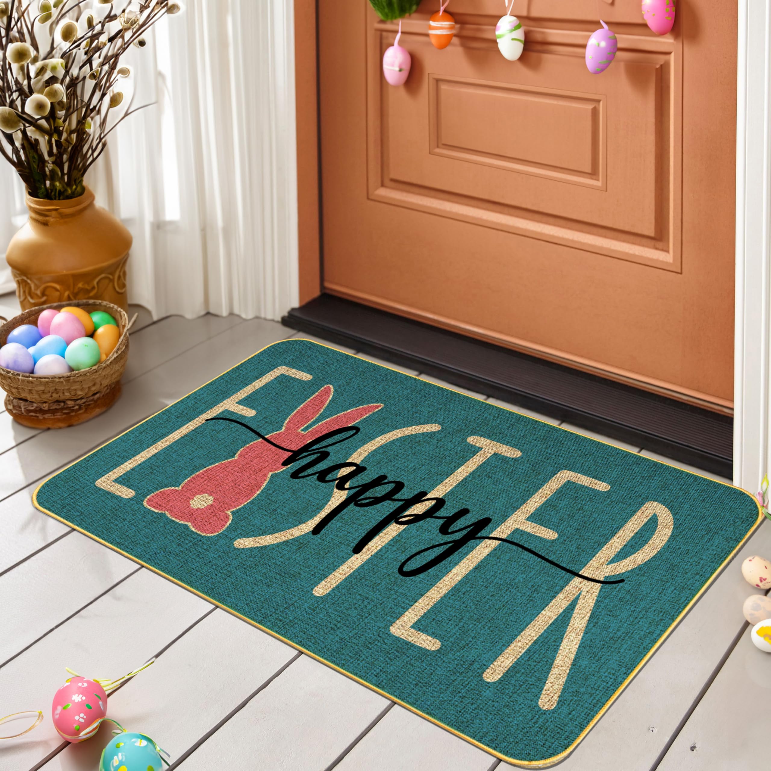 ARTDMT Happy Easter door mat front view with festive pattern and low-profile design.