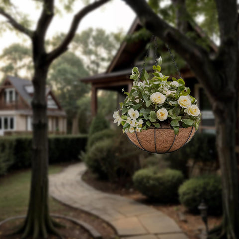 ArtFamy four-pack hanging planters enables layered plant displays.