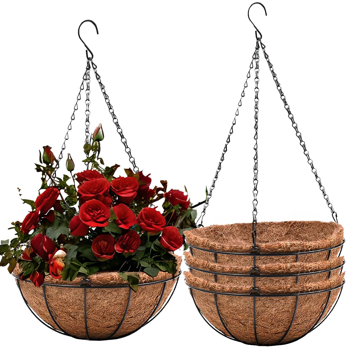 ArtFamy hanging basket with coconut coir liner promotes outdoor plant airflow and drainage.