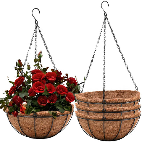 ArtFamy hanging basket with coconut coir liner promotes outdoor plant airflow and drainage.