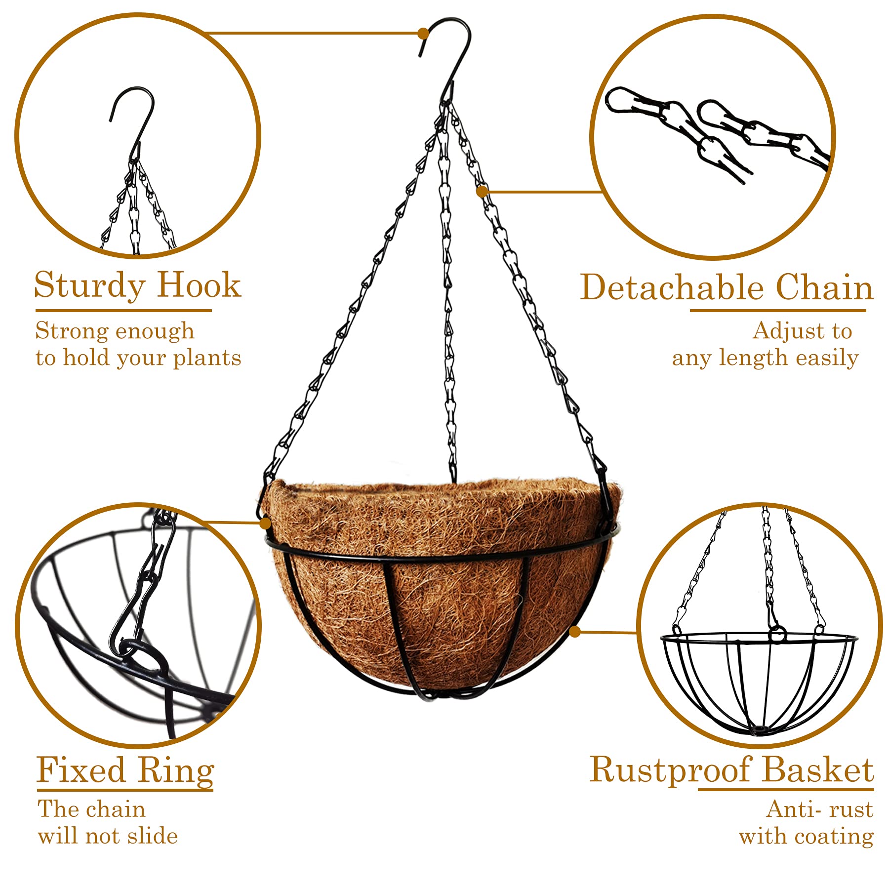 ArtFamy rustproof metal basket with chain provides durable hanging support.