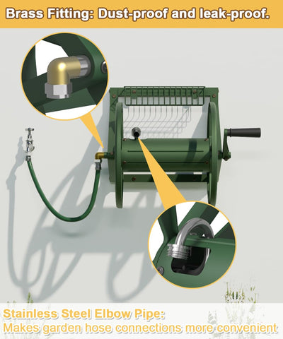 Artigarden hose reel showing brass connector for a leak-free water connection.