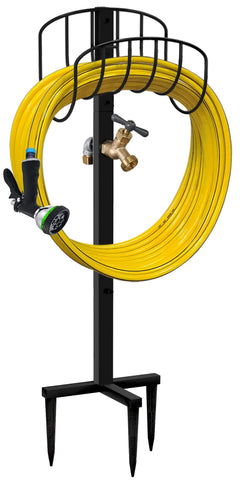 Artigarden freestanding hose holder stand keeps hoses off ground for easy access.