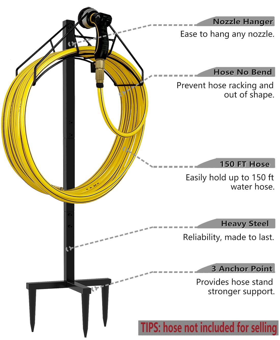Artigarden hose holder stand side view highlights easy, stable placement in any yard.