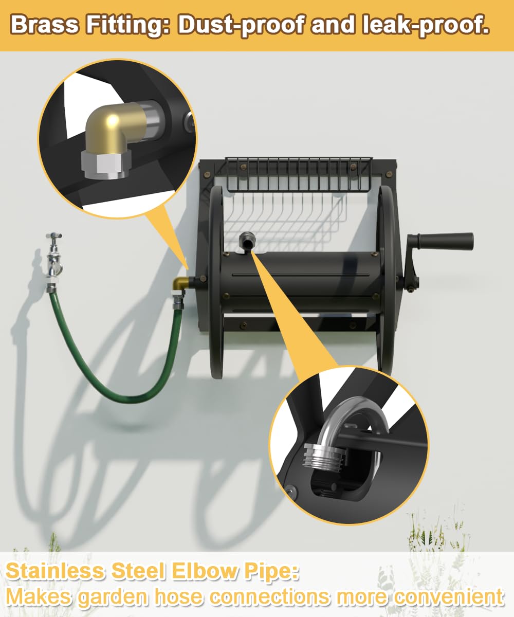 Artigarden hose reel 125ft capacity keeps long hoses neatly stored.