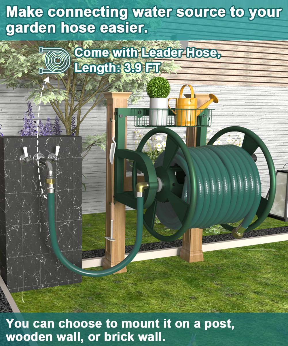 Artigarden hose reel with 3.9 ft leader hose for quick water connections.