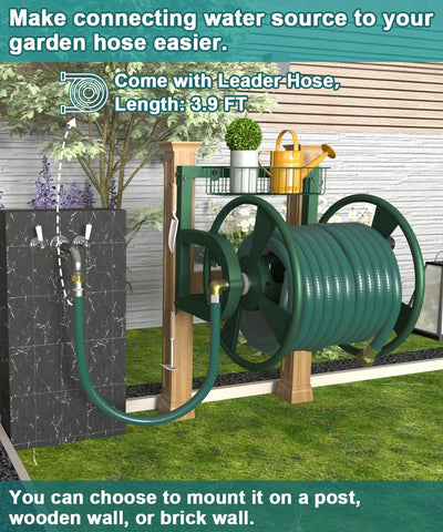 Artigarden hose reel with 3.9 ft leader hose for quick water connections.