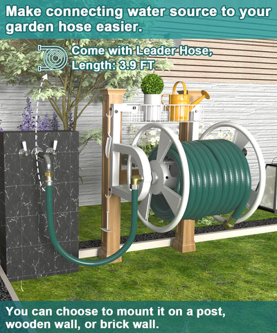 Artigarden hose reel with detachable basket for easy tool storage.