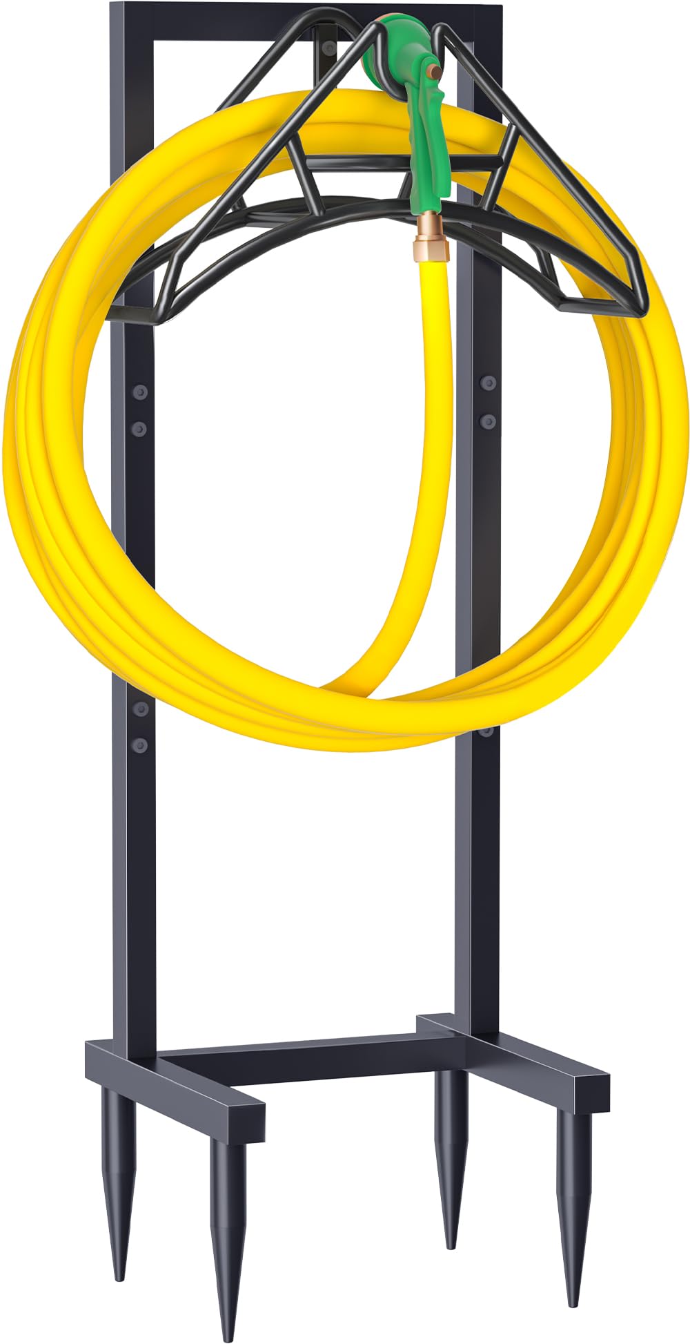 Artigarden outdoor hose holder with four-pronged forks supports up to 150 ft of hose, preventing tangles.
