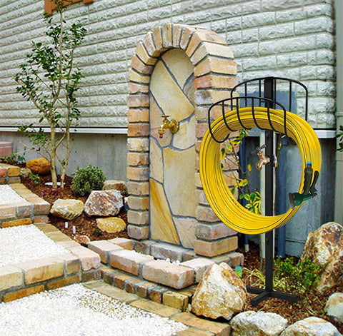 Artigarden outdoor hose storage stand neatly stores hoses outside.