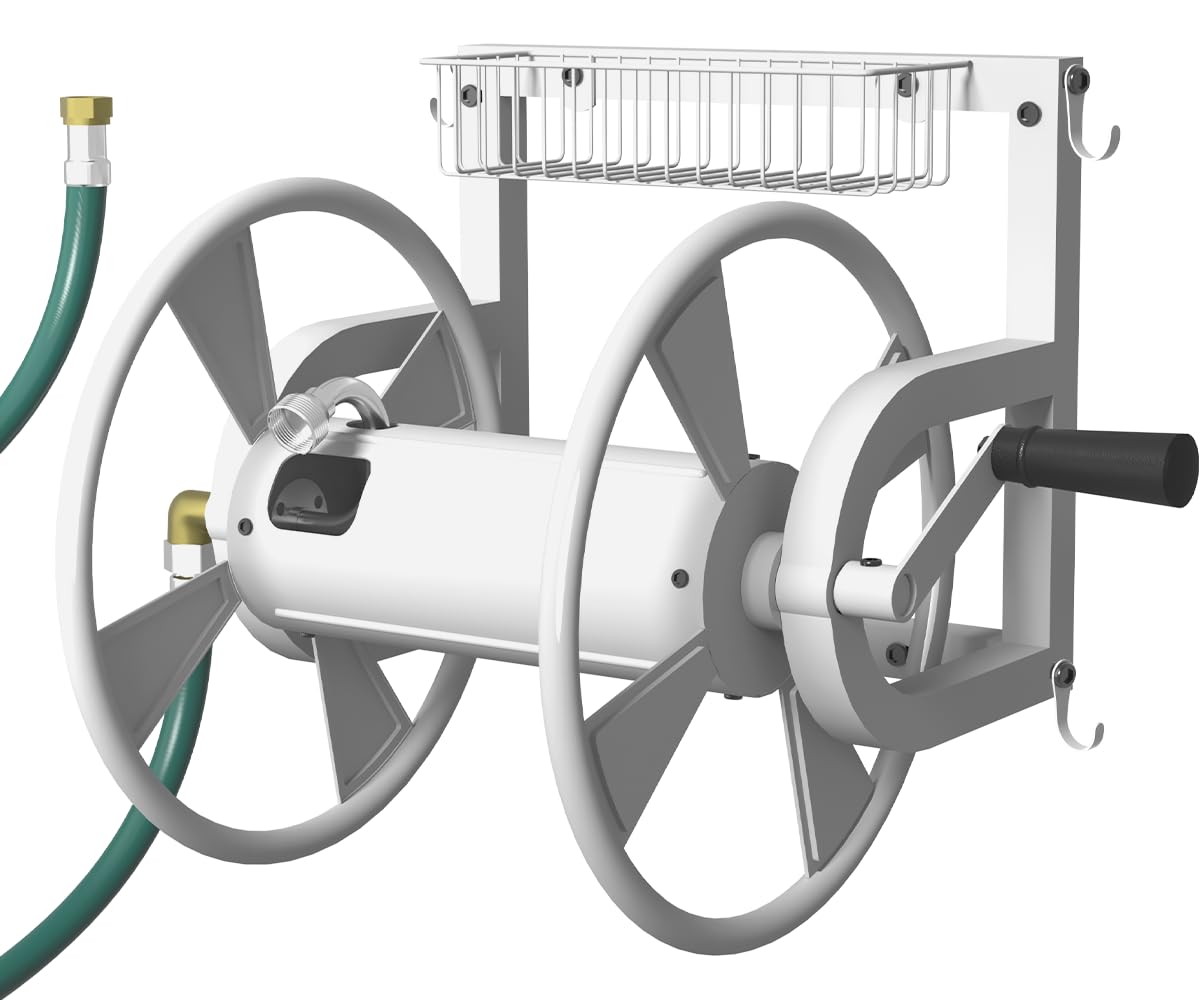 Artigarden outdoor wall mounted hose reel in a tidy garden setting.
