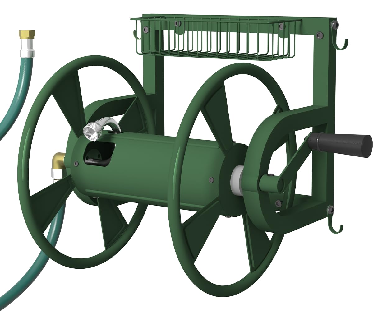 Artigarden hose reel on wall shows durable powder-coated steel for long outdoor use.