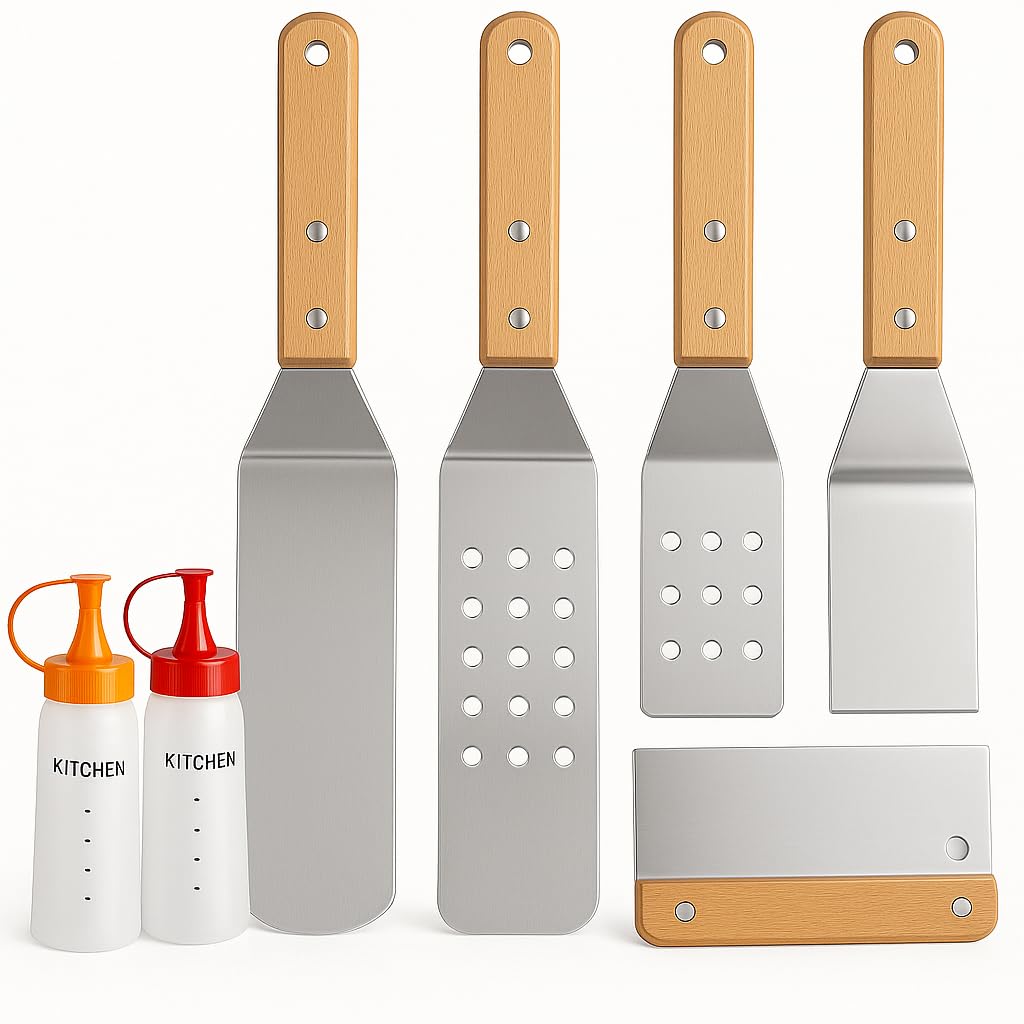 Artisan Fire 7-piece spatula set on the grill with burgers for versatile outdoor cooking