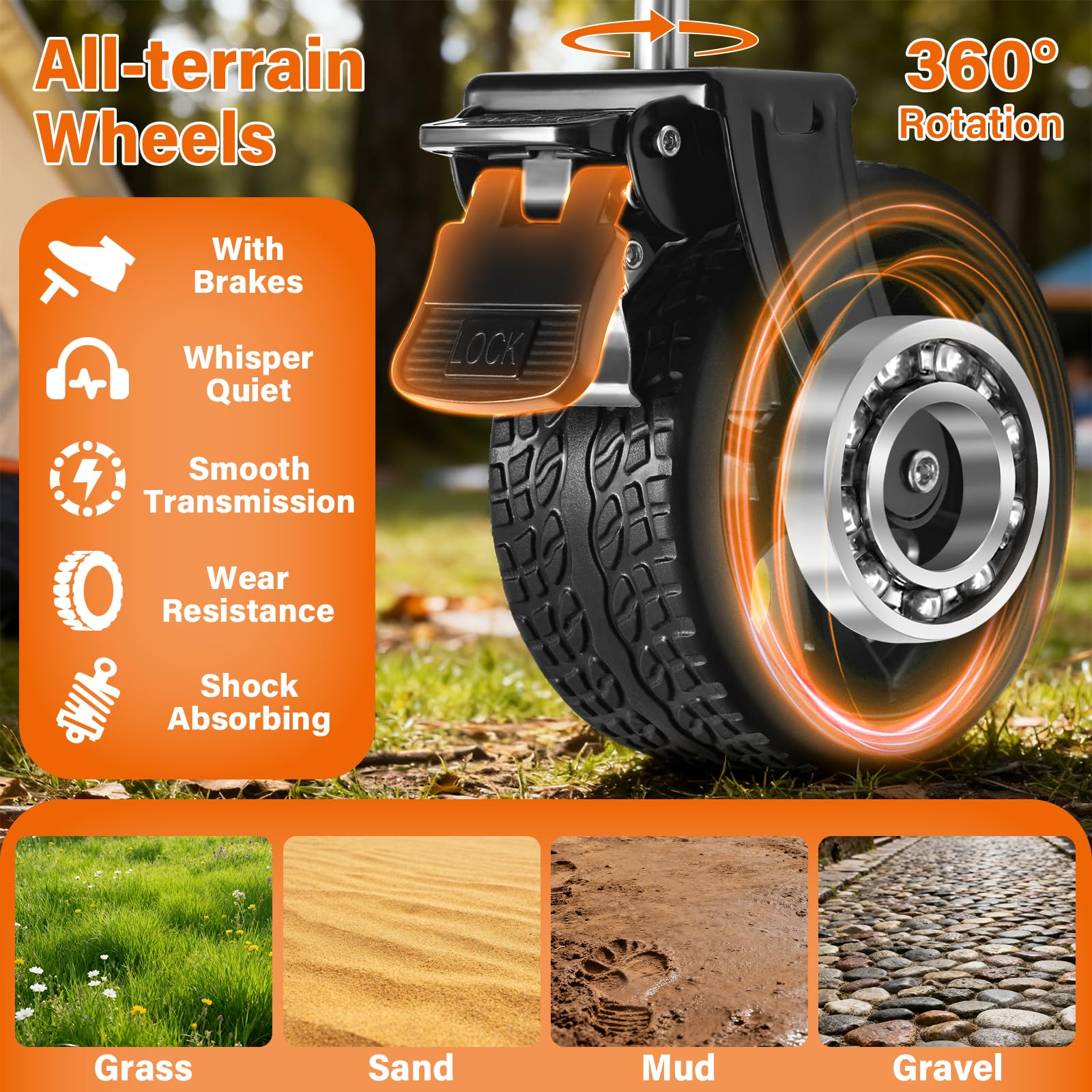 ARTIST'S DREAM all-terrain wheels roll smoothly on grass and gravel.