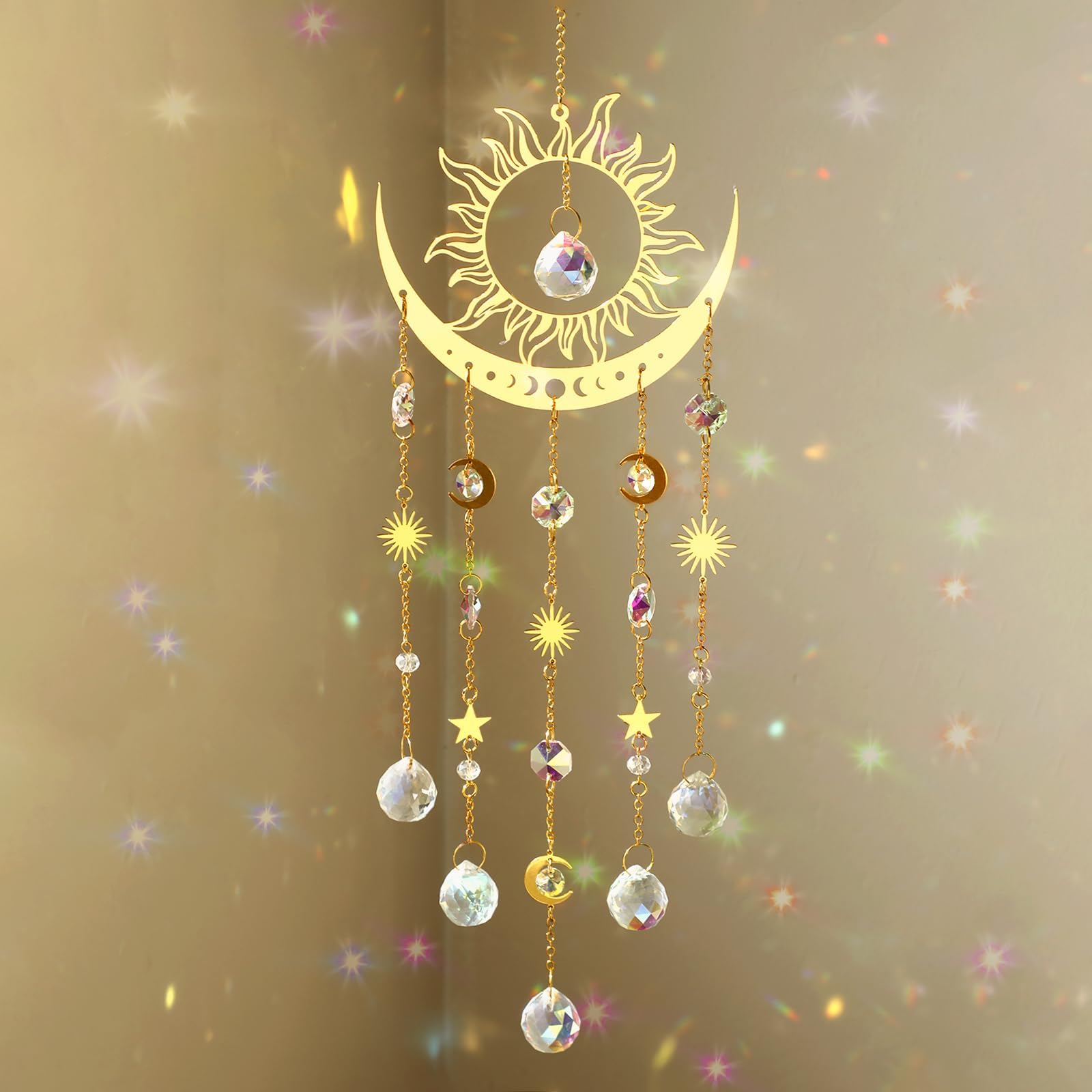 Artilady Sun and Moon suncatcher with large crystal wind chimes brightens sunny windows