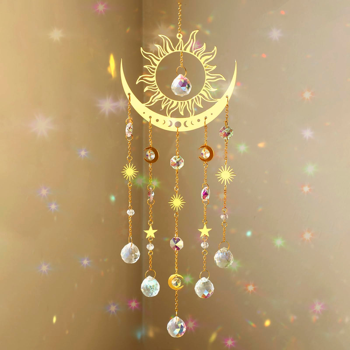 Artilady Sun and Moon suncatcher with large crystal wind chimes brightens sunny windows