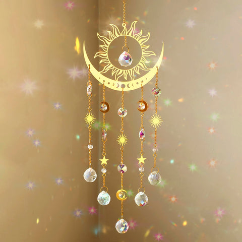 Artilady Sun and Moon suncatcher with large crystal wind chimes brightens sunny windows