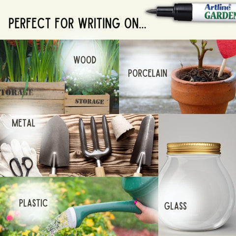 Artline markers labeling plastic pots in a greenhouse