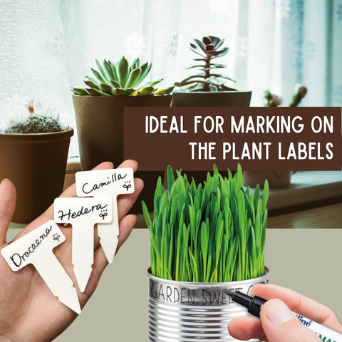 Artline marker writing on a wooden plant label with a slim line