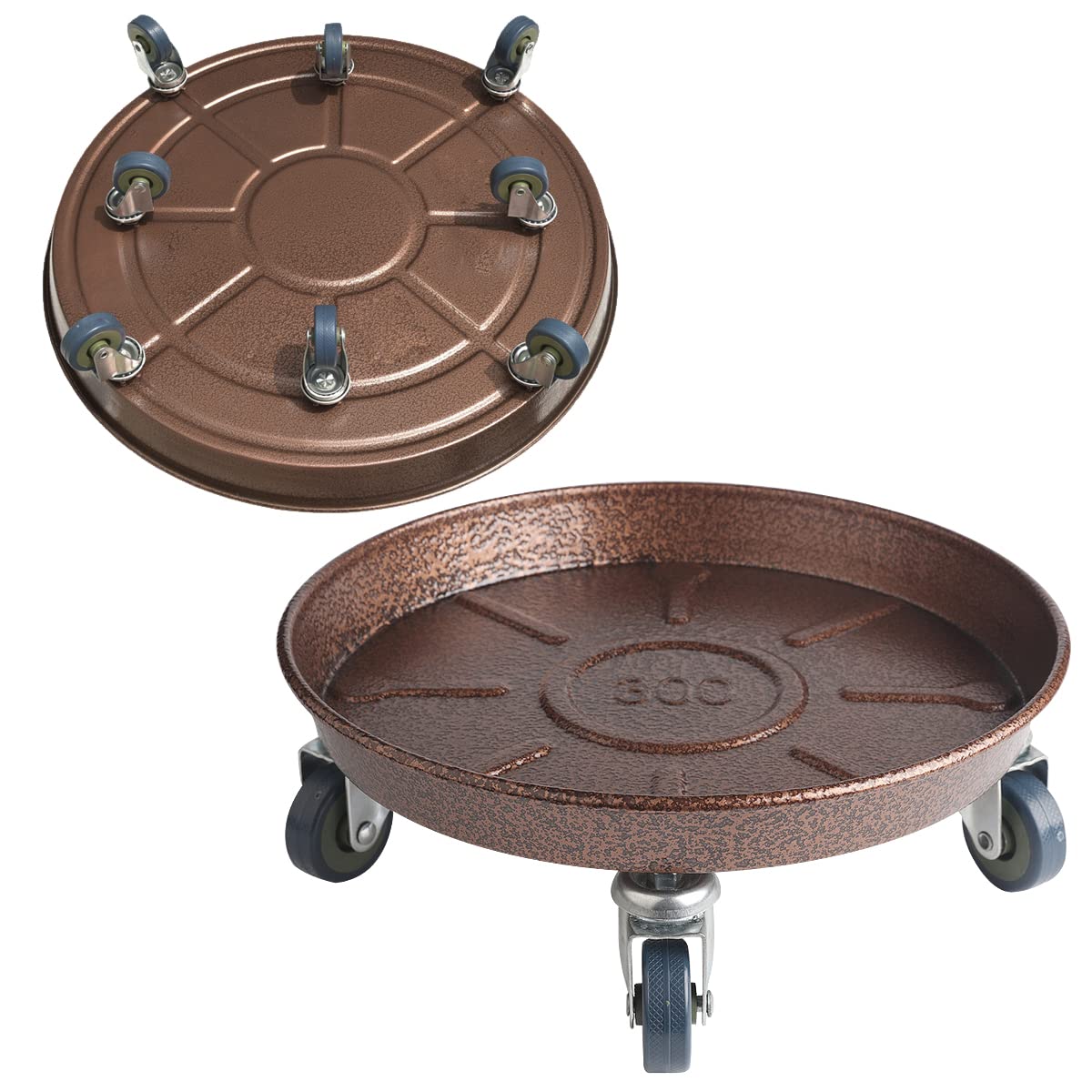 ARTLINE copper-finish round plant stand with smooth rolling wheels.