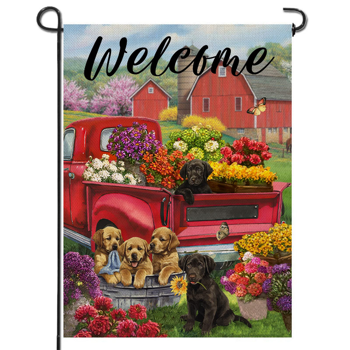 Artofy Welcome Spring red truck flag for outdoor garden display.
