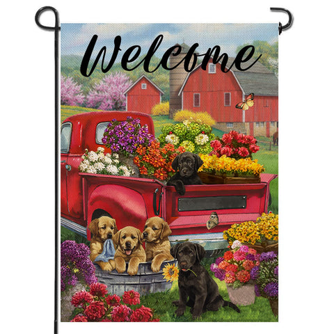 Artofy Welcome Spring red truck flag for outdoor garden display.