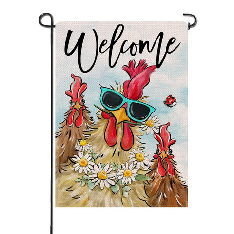 Artofy rooster flag on burlap for outdoor yard decor.