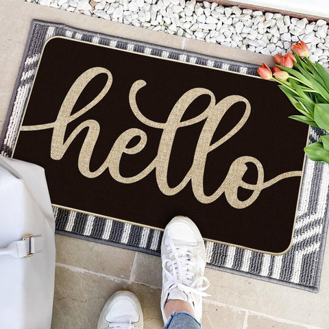 Low-profile edge of the Artoid Mode Balck Hello Halloween Doormat fits narrow entryways