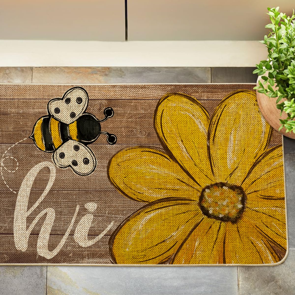 Artoid Mode Bee Daisy Hi Spring Doormat adds seasonal charm to any entrance