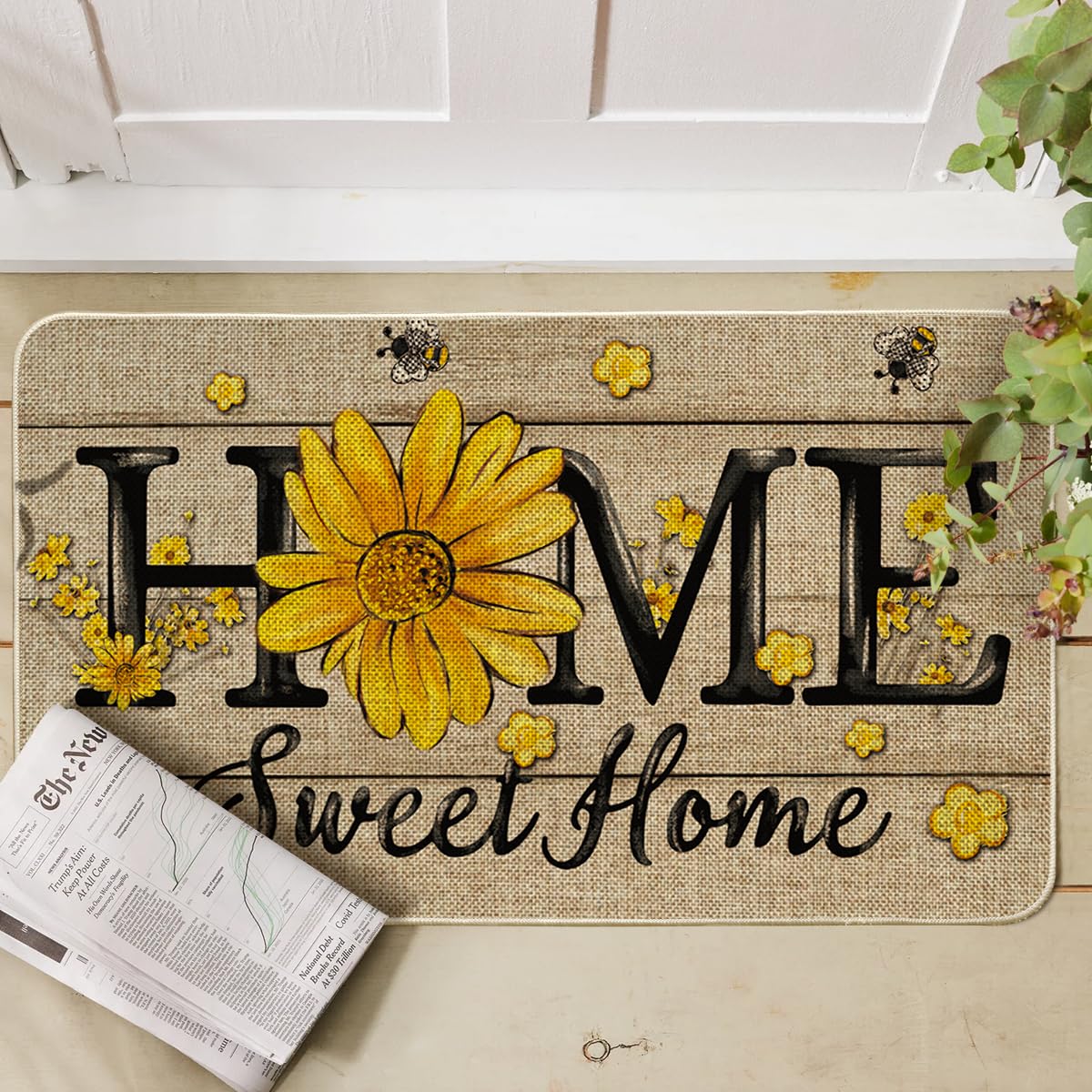 Artoid Mode Bee Sunflower Daisy doormat pattern close-up, adds curb appeal for seasonal entrances.