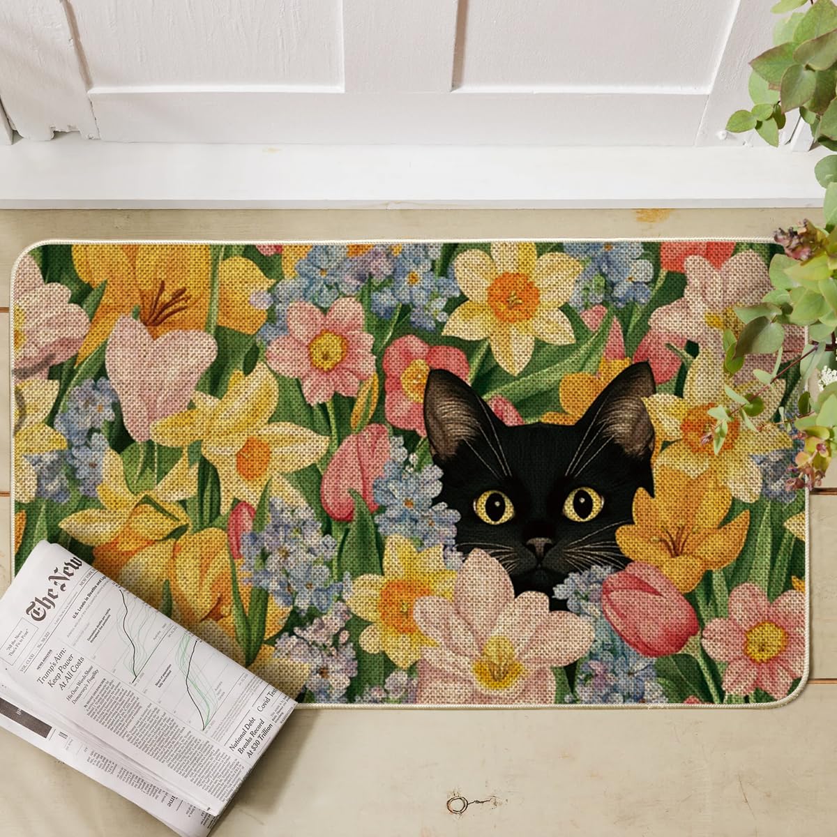 Artoid Mode Black Cat Floral Doormat close-up texture showing non-slip backing