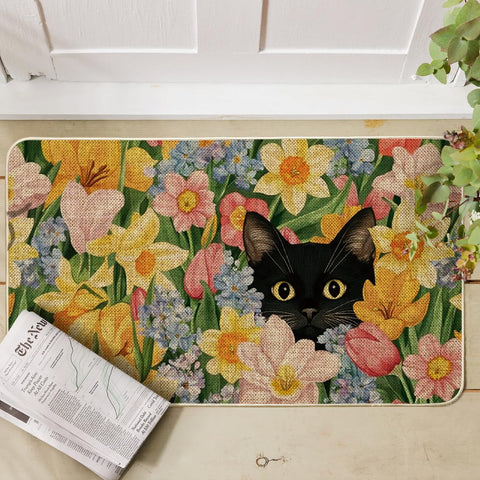 Artoid Mode Black Cat Floral Doormat close-up texture showing non-slip backing